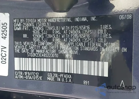 2008 Toyota Sienna Le from USA, damaged, VIN 5TDZK23C48S223010
